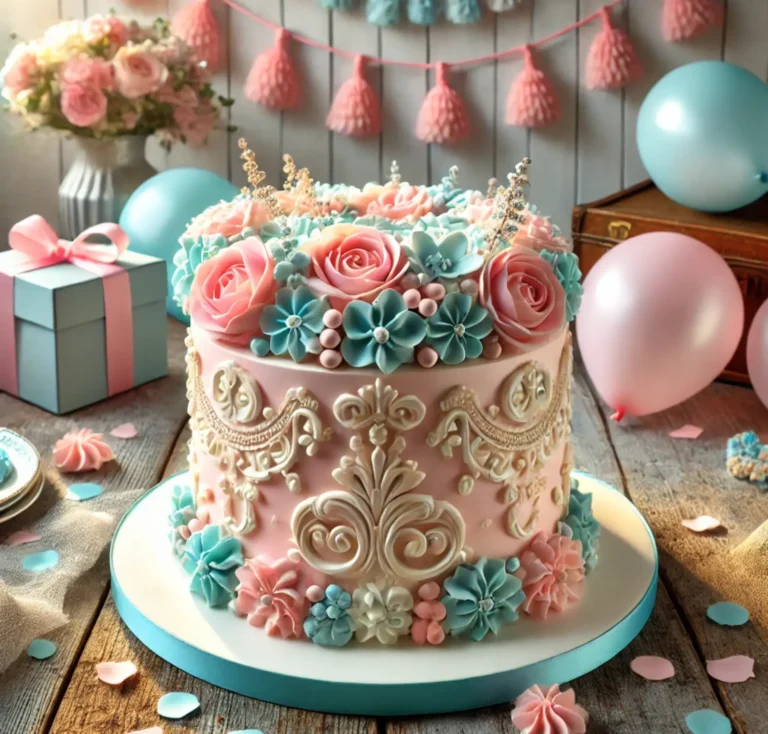 A gender reveal cake with pink and blue decorations, intricate frosting details, and celebratory decorations like balloons and confetti in the background.