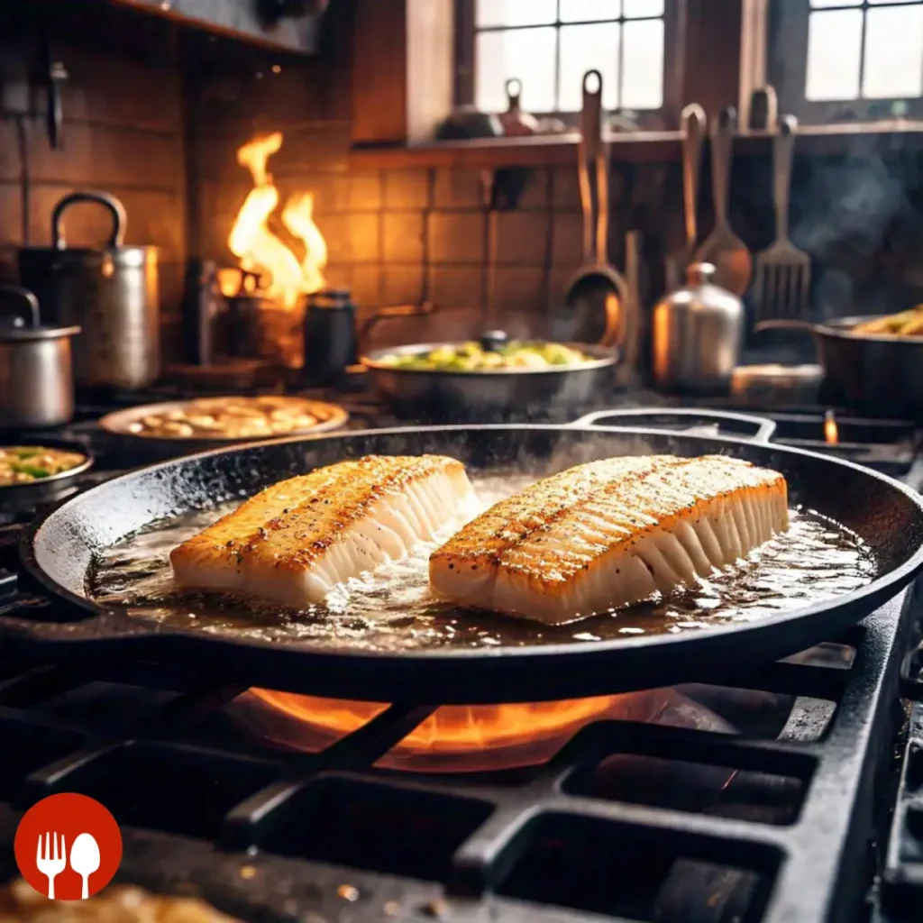 Fish fillets frying in hot oil.