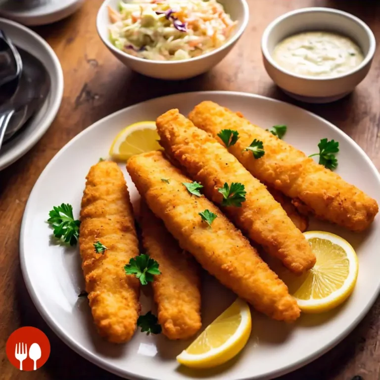 A plate of crispy fried fish fillets with parsley and lemon slices