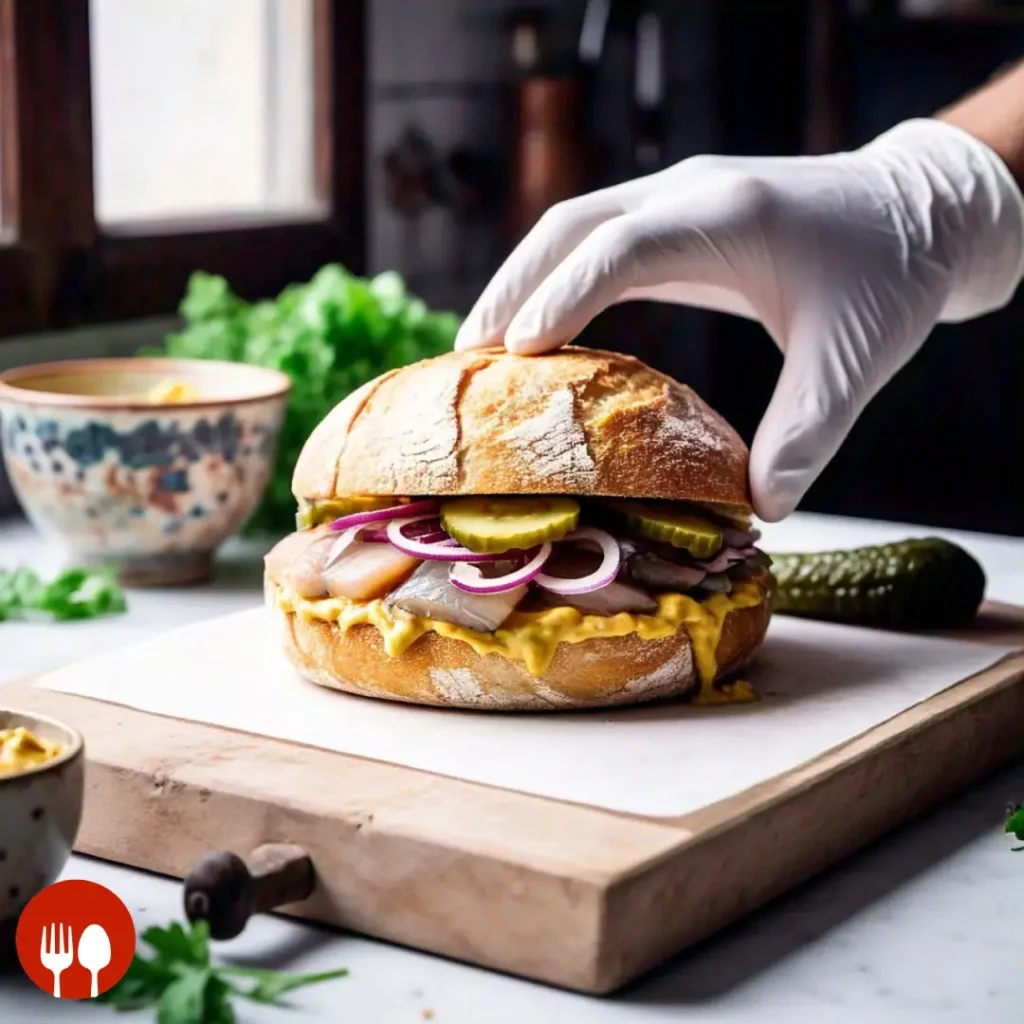 Assembling a Matjesbrötchen sandwich with mustard-mayo sauce, pickles, and marinated herring.