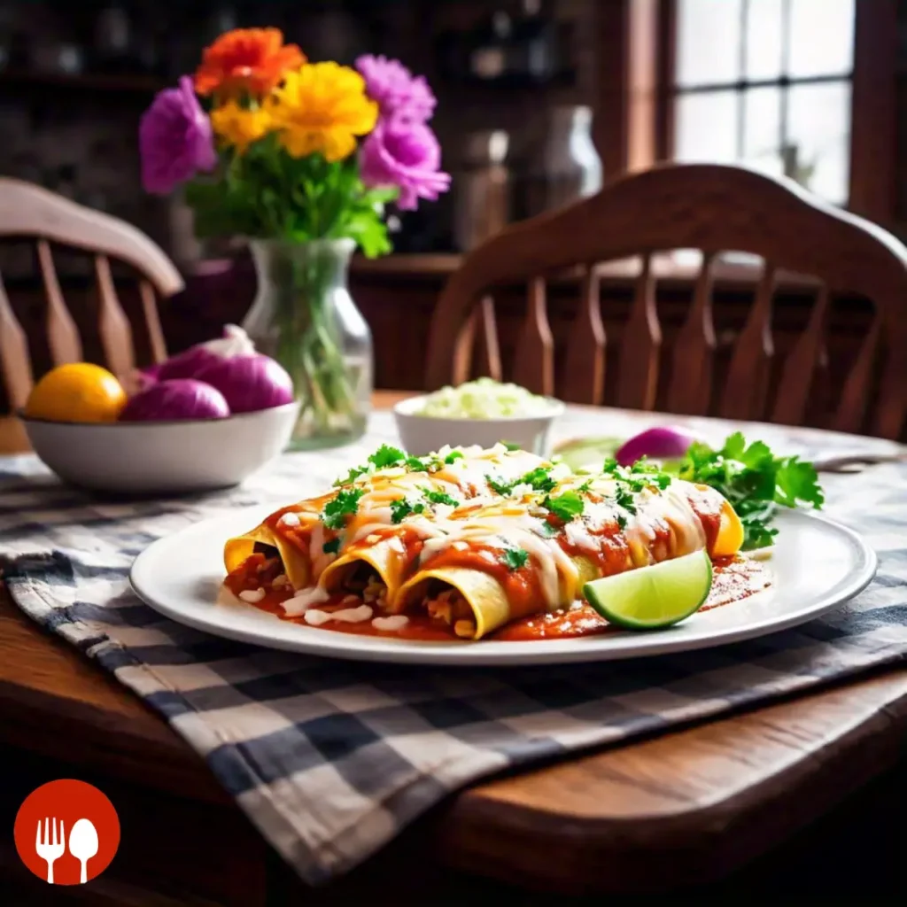 A plated serving of enchiladas garnished with cilantro, onions, sour cream, and lime wedges