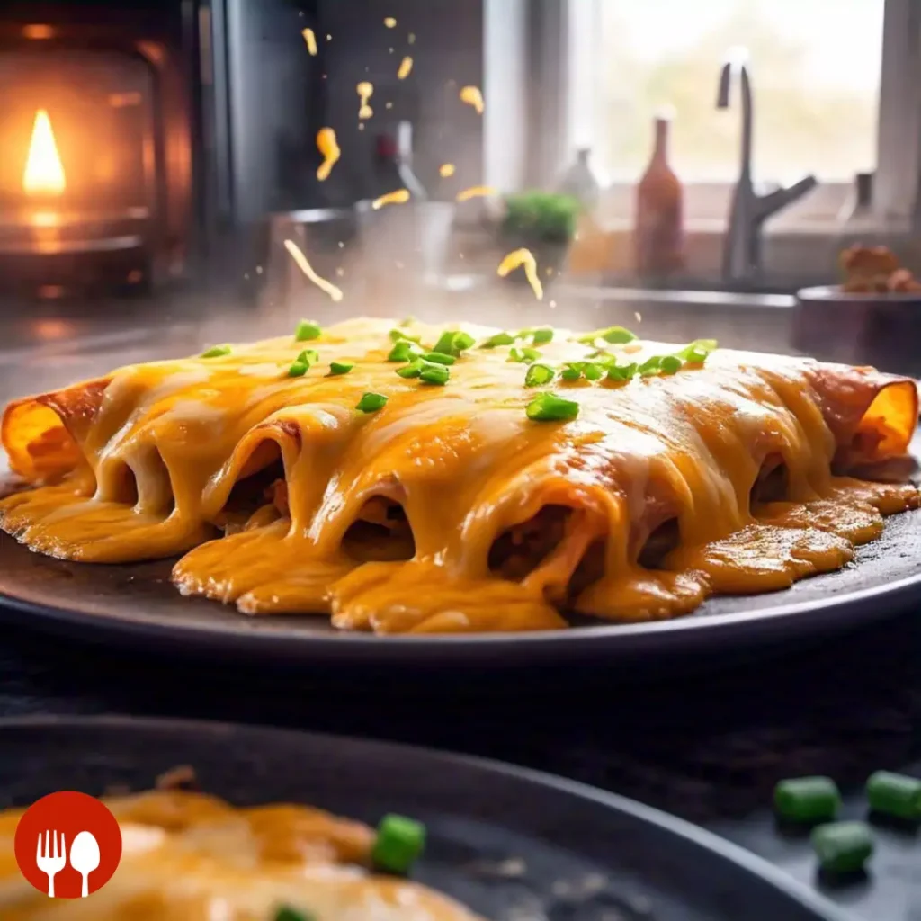 Baked enchiladas with melted cheese, golden and bubbly, fresh out of the oven.