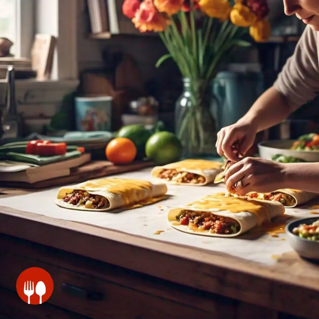 Hands assembling enchiladas, adding filling and cheese to tortillas.