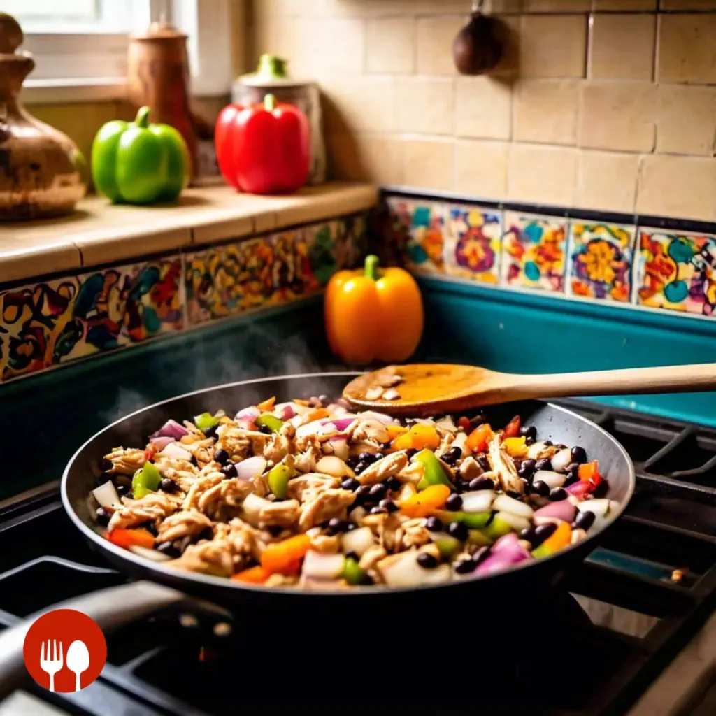 A skillet with onions, bell peppers, and shredded chicken being cooked.