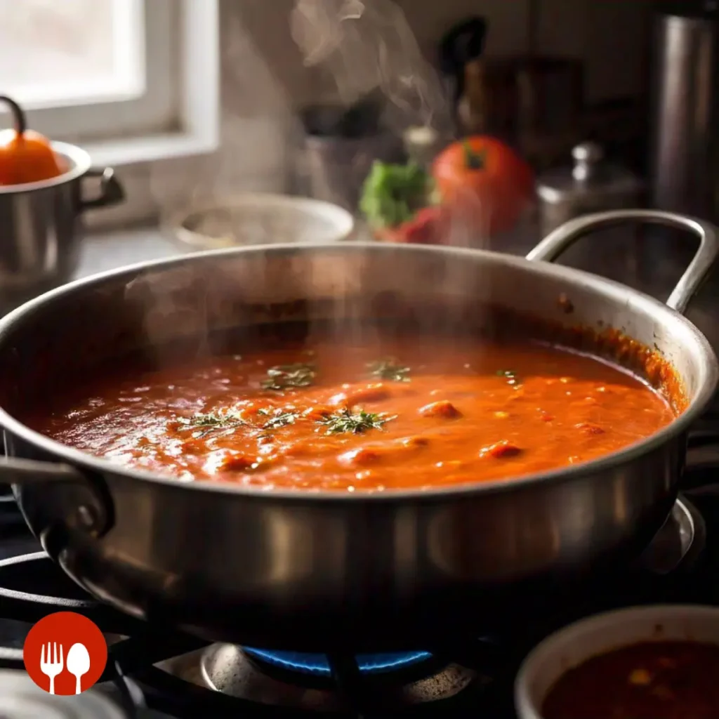 A saucepan with homemade enchilada sauce simmering, with visible steam and spices.