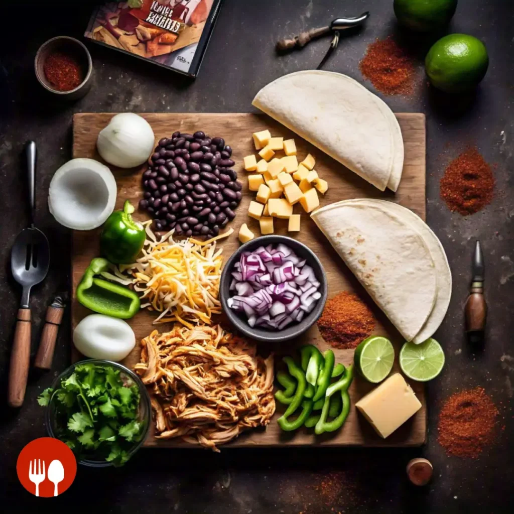 A variety of ingredients for Boulders Enchiladas, including shredded chicken, black beans, vegetables, tortillas, cheese, cilantro, lime, and spices.