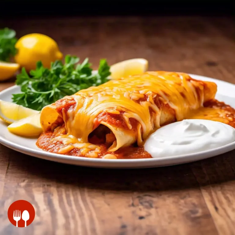 A plate of Boulders Enchiladas, golden-brown with melted cheese, garnished with parsley, lemon wedges, and sour cream, placed on a rustic table.