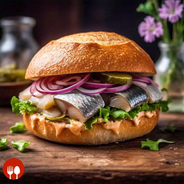 Close-up of a freshly prepared Matjesbrötchen sandwich with herring, lettuce, red onions, and pickles