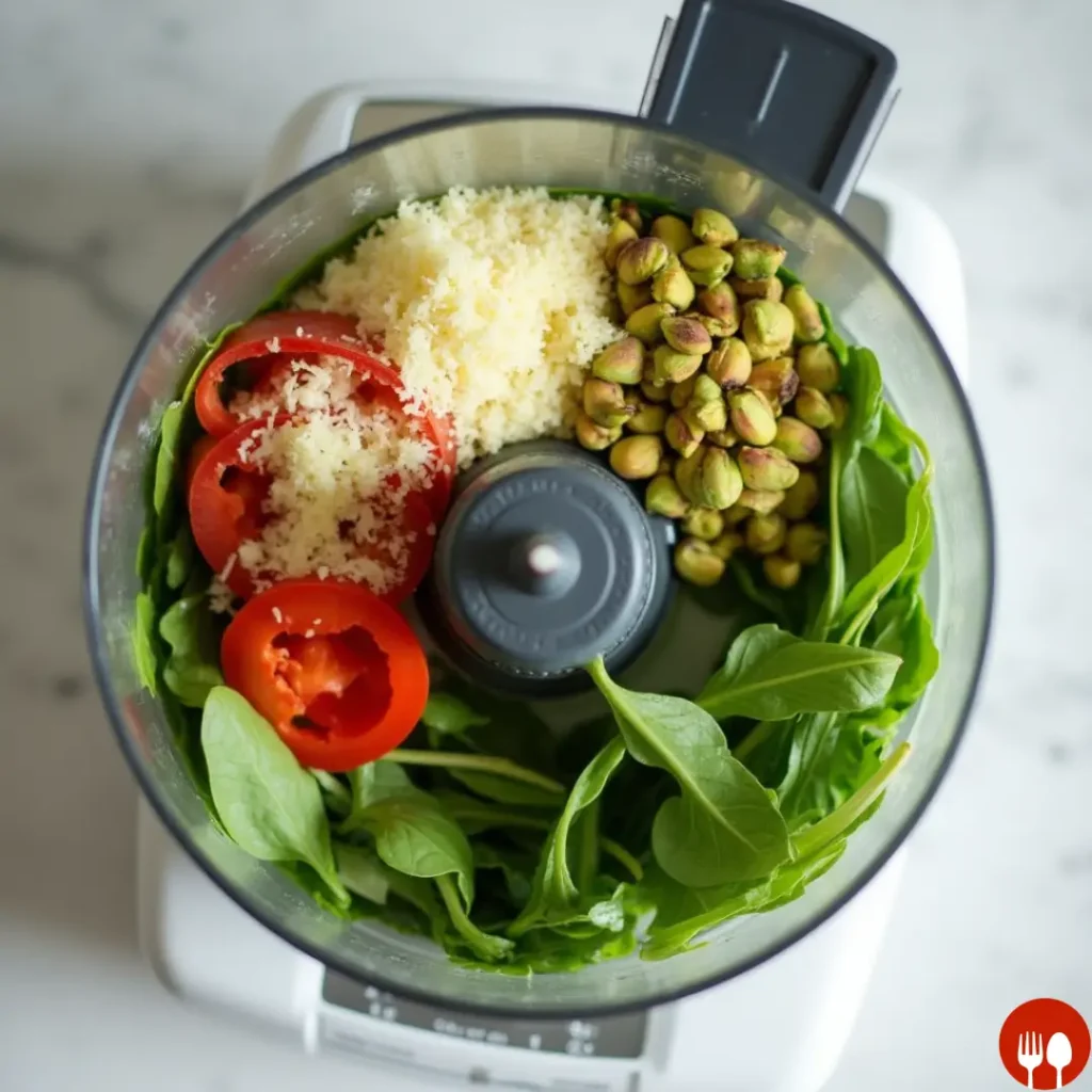 Red Pepper Sauce with Arugula Pistachio Pesto