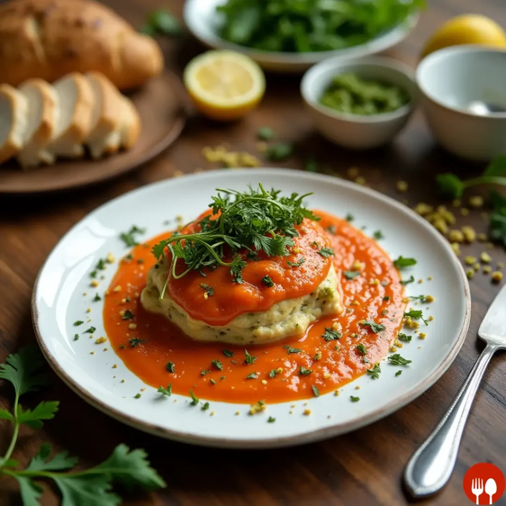 Red Pepper Sauce with Arugula Pistachio Pesto