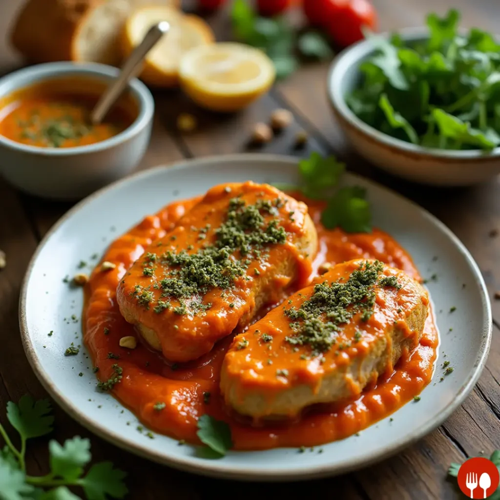 Red Pepper Sauce with Arugula Pistachio Pesto