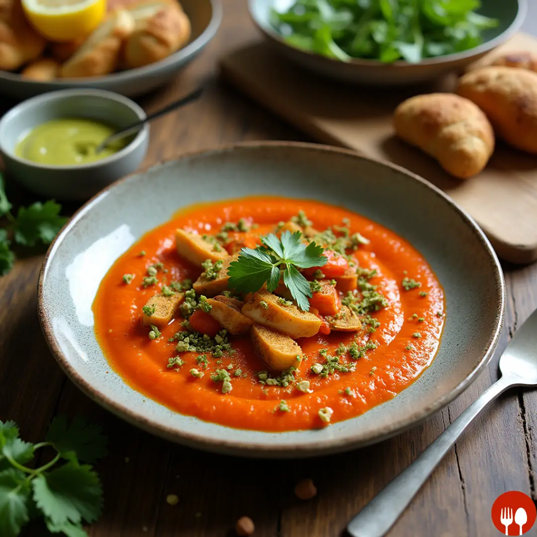 Red Pepper Sauce with Arugula Pistachio Pesto