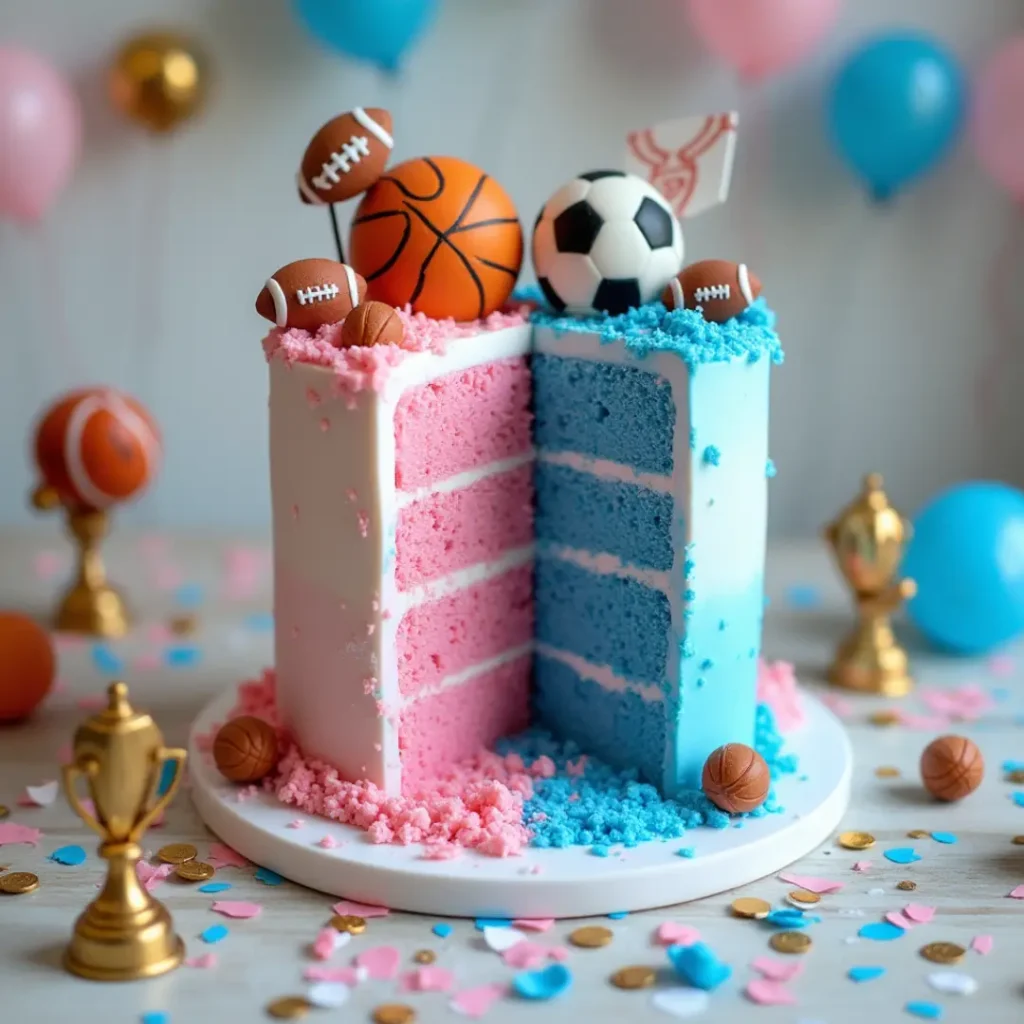 gender reveal cake with sports design