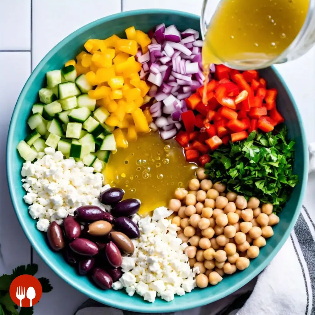 Fresh Mediterranean salad ingredients arranged in a bowl, including diced vegetables, beans, feta, olives, and parsley, with golden vinaigrette being poured over the top