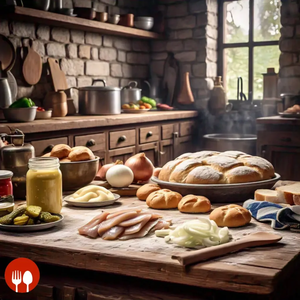 Ingredients for Matjesbrötchen herring sandwich laid out in a German kitchen