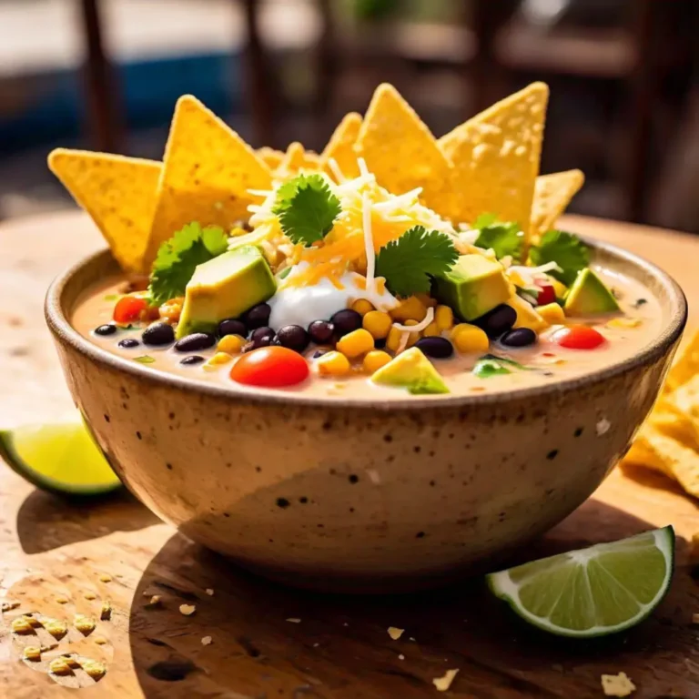 A bowl of chilled taco soup frios with black beans, corn, tomatoes, avocado, and tortilla chip garnish, served on a rustic wooden table